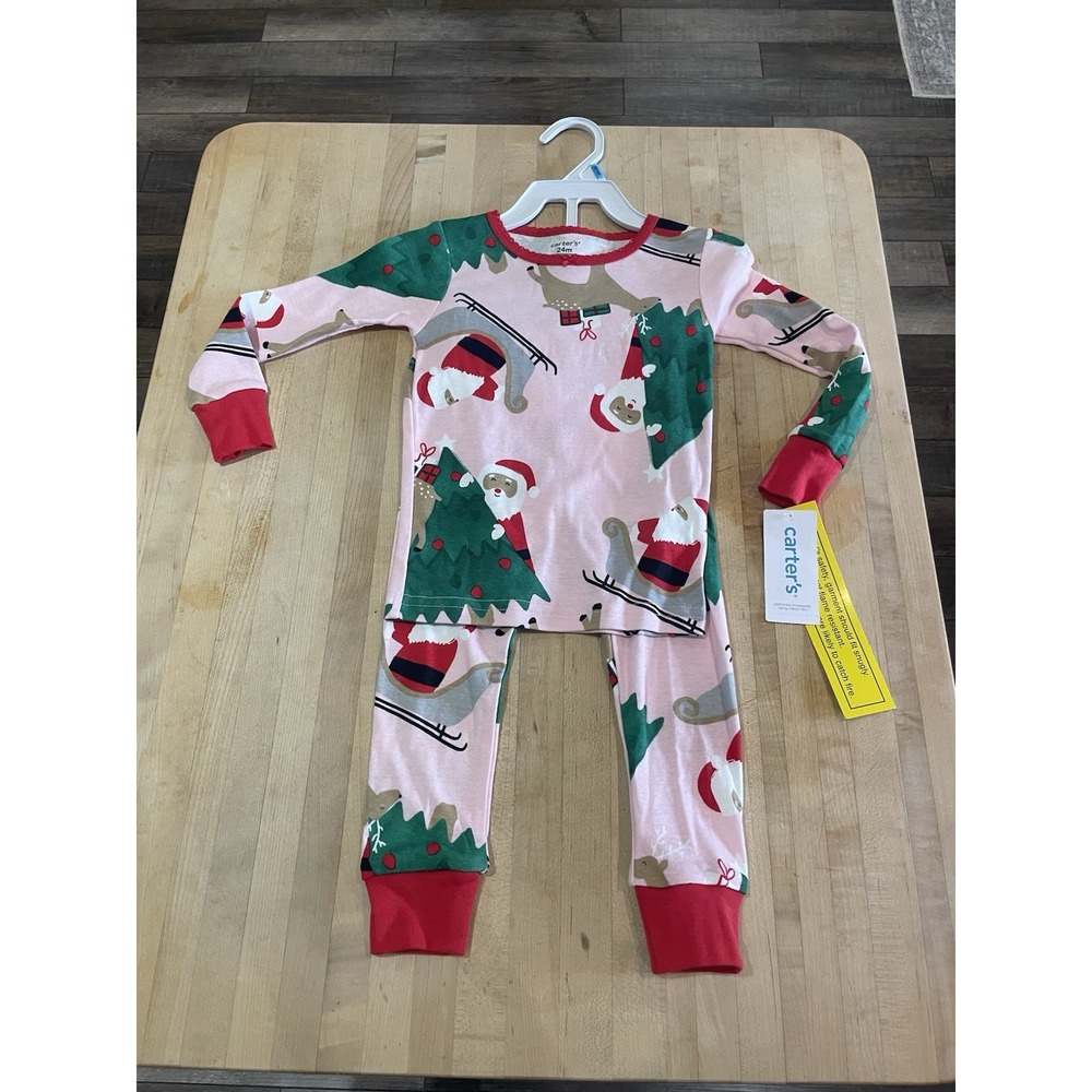 Carter's 2-Piece Christmas Pajama set Pink Red Green SNUG 24 Months Santa Sleigh